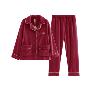芬腾情侣睡衣秋冬季珊瑚绒套装女款加绒红色本命年结婚男士家居服