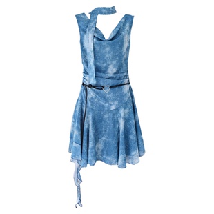 Kerry气质薄纱 夏日航海家 蓝色连衣裙女夏斜肩荡领无袖a字短裙子