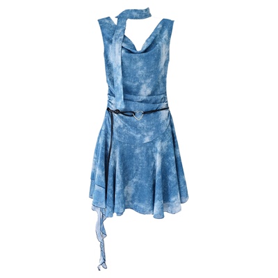 蓝色女夏斜肩荡领无袖a字连衣裙