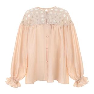 wana try【明星同款】莱赛尔编织水溶绣领衬衫新品荷叶边袖上衣女