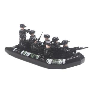 小颗粒小积木特警巡逻艇救生艇消防艇橡皮艇模型人仔登陆战争场景