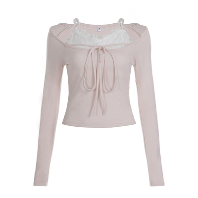 WEEKEEP 法式甜美蕾丝拼接假两件系带长袖T恤女百搭修身显瘦上衣