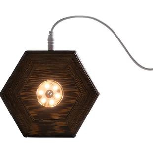 实木LED发光底座无线小夜灯创意圆形灯座暖光冷光白光usb插电氛围