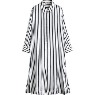 金三塔条纹真丝衬衫式睡衣女长款桑蚕丝性感可外穿家居服睡裙