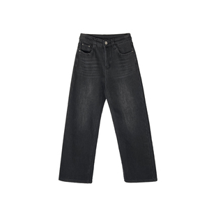 直腿模范生！~黑灰色窄版直筒牛仔裤女秋冬加绒绣花宽松阔腿长裤