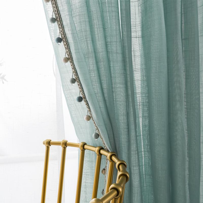 欧式美式现代简约轻奢高端亚麻透光蓝色窗帘窗纱客厅落地窗半透光