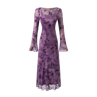 chenopod自制2026春夏女神长裙长袖优雅紫网纱大弹力修身连衣裙