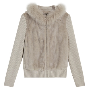 YINER音儿2025冬季新款水貂拼接羊毛混纺针织狐狸毛领皮草外套