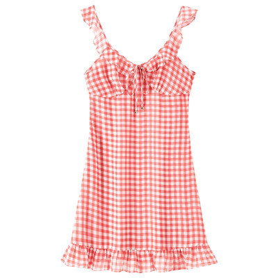 BANANA BABY2025新款甜美度假风红格纹长款连衣裙时尚A字裙