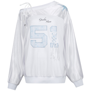 GUUKAHERO斜肩绑带长袖卫衣女 蒋梦婕同款泽西风露肩辣妹球衣上衣