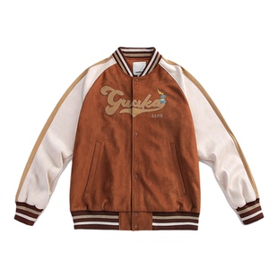 陈立农同款GUUKA古由卡浅咖色夹克潮 棒球服美式复古拼接外套宽松