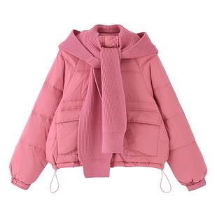 mc2轻薄粉色羽绒棉服女短款冬新款针织帽披肩时尚洋气百搭小个子