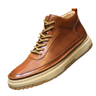 欧洲站男鞋潮流真皮高帮鞋男复古擦色休闲板鞋冬季加绒保暖棉靴子