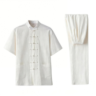 唐装男女中老年爷爷夏季短袖套装爸爸棉麻衣服禅服茶服中国风夏装