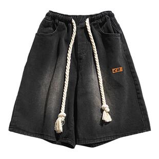 BOYUE帛跃水洗牛仔短裤美式复古夏季bf风简约松紧腰vibe男五分裤