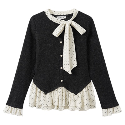 波点荷叶边假两件磨毛内搭长袖女