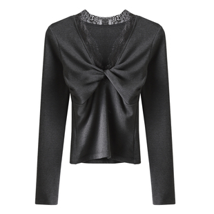 HAMYIHO 扭结性感蕾丝拼接纯欲内里磨毛打底衫女秋冬内搭小众上衣