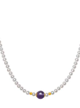 周六福淡水珍珠中国风项链紫水晶珍珠链坠S925银送女友节日礼物