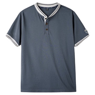 马登工装美式复古棒球领亨利衫T恤纯棉卫衣重磅灰蓝撞色短袖男夏