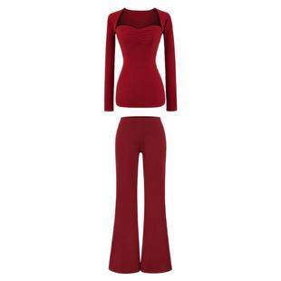 美式抹胸辣妹针织套装女春夏季修身显瘦露肩长袖垂感喇叭裤两件套