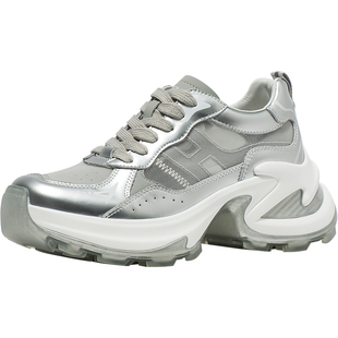 CDF女鞋2025秋季新款舒适百搭银色松糕厚底老爹鞋网红休闲运动鞋