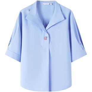 Navigare意大利小帆船蓝色薄款防晒衬衫女26夏季新款宽松短袖衬衣