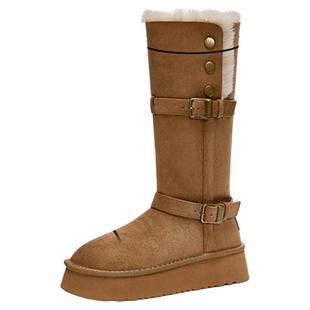 星期六棕色长筒雪地靴女款2025新款冬季厚底毛毛棉靴加绒加厚长靴