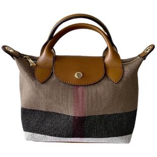 黄麻格子饺子包女手提单肩斜挎轻便休闲格纹复古流行时尚迷你小众