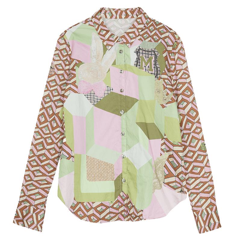 谜底纯棉花衬衫长袖女春复古主题原创印花宽松衬衣241MC0049