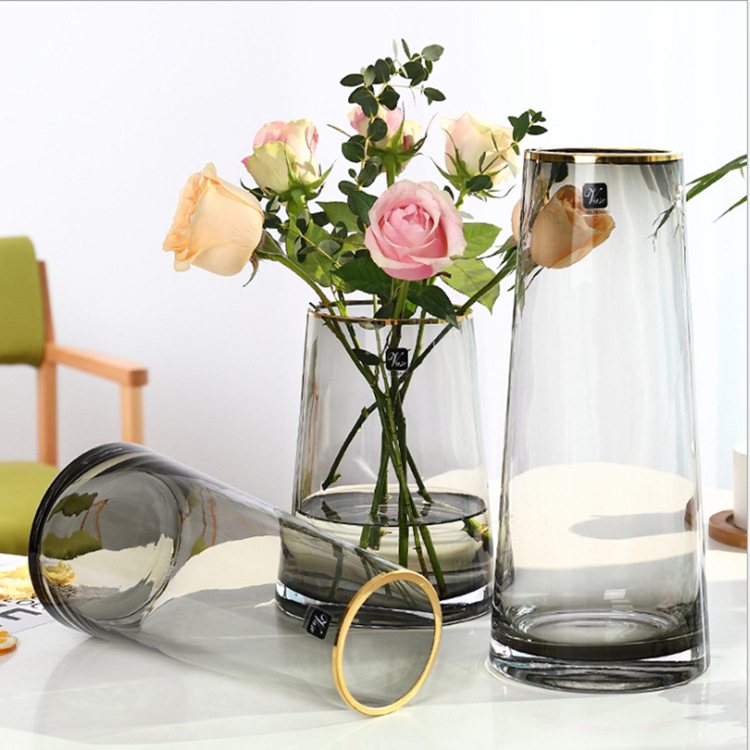轻奢·手描金边 现代 T型锥形描金简约玻璃花瓶客厅卧室插花摆件