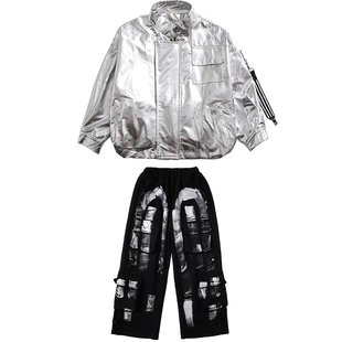 少儿街舞演出服男女童嘻哈炫酷银色亮皮外套皮衣架子鼓hiphop表演