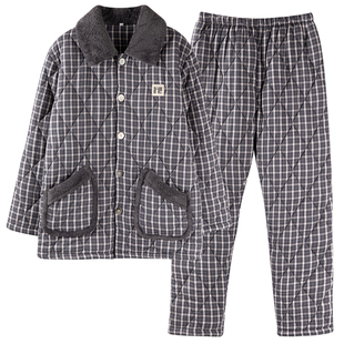 睡衣男士冬季三层加厚加绒梭织纯棉夹棉男款冬天珊瑚绒冬款家居服