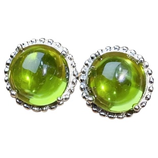 天然橄榄石耳钉女 纯银镶嵌宝石8乘8素面宝石简约时尚银饰耳饰