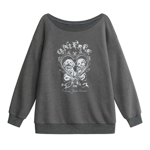 【25年秋】UNIFREEPLUS大码灰色斜肩卫衣女韩系oversize宽松上衣