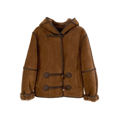 黎明前夜羊羔毛皮毛一体2025新款复古夹克上衣短款连帽皮草外套女