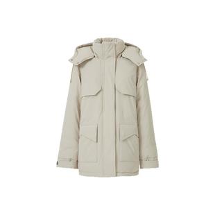 波顿2025秋冬季新女士中长款白鸭绒高端羽绒服派克工装风连帽上衣