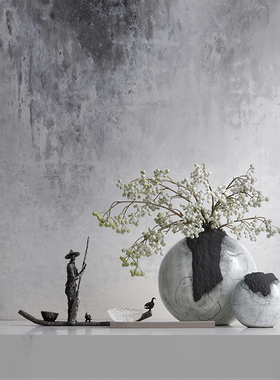 现代新中式复古陶瓷花瓶摆件样板间售楼处渔夫划船人物铜雕塑装饰