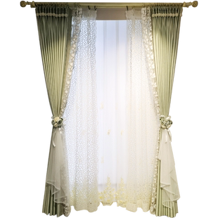 卡汀 美式田园轻奢浅绿色加厚遮光高精密窗帘蝴蝶蕾丝纱满绣小花