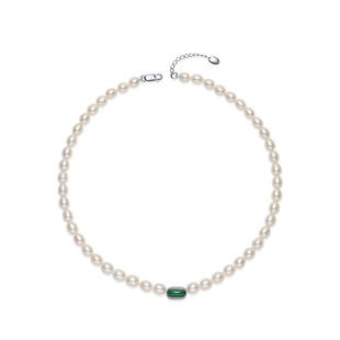 京润珍珠 碧语银镶碧玺淡水珍珠项链6-8mm米形珍珠项链送妈妈女D