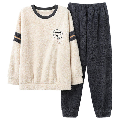 秋冬新款珊瑚绒男圆领家居服套装