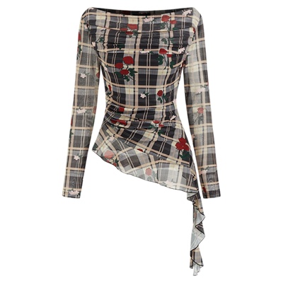 CIDER玫瑰格纹修身衬衫斜肩荷叶边针织上衣女114149345