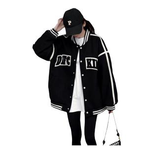 美式休闲棒球服外套女春秋新款小众情侣爆款宽松黑色百搭学生夹克