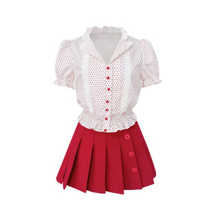 Lazy Didi捕梦沙洲 收腰衬衫百褶半裙套组复古泡泡袖上衣a字短裙