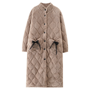 睡袍女士冬季加绒加厚三层夹棉珊瑚绒可外穿保暖加长款到脚踝浴袍