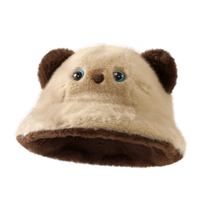 可爱渔夫帽子女2025新款百搭显脸小暹罗猫毛绒帽秋冬保暖护耳盆帽