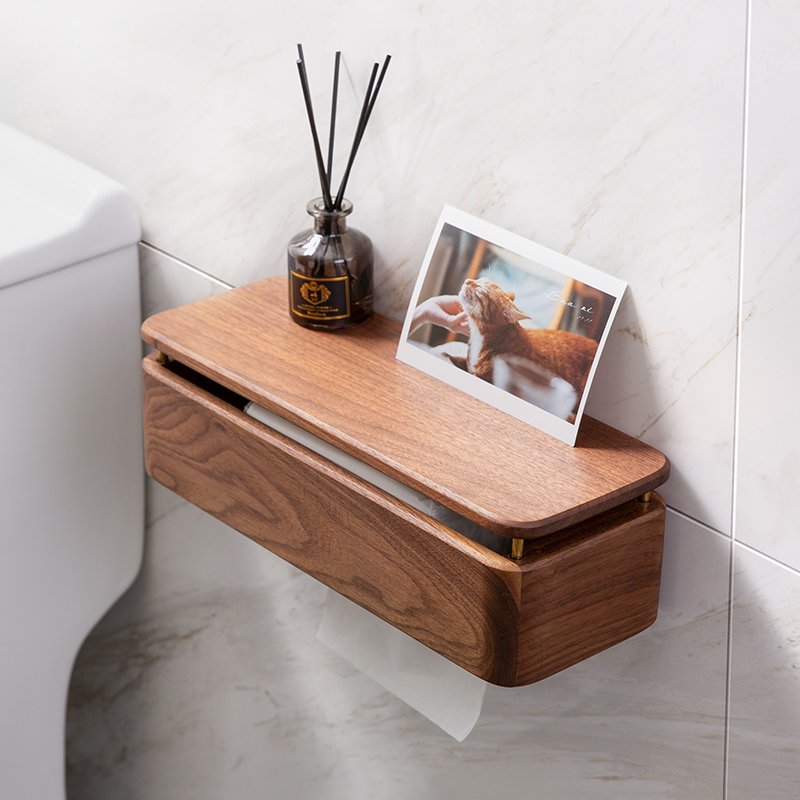 纸巾盒壁挂免打孔黑胡桃实木厕所卫生纸盒卫生间置物架家用抽纸盒
