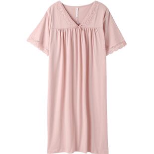 芬腾短袖睡裙女士纯棉薄款夏季V领宽松大码睡衣全棉家居服连衣裙