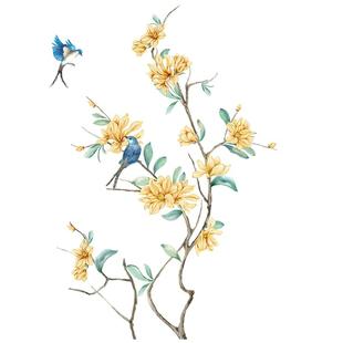 新中式纯手绘花鸟装饰画水移画客厅玄关柜子门上贴纸卧室家具贴画