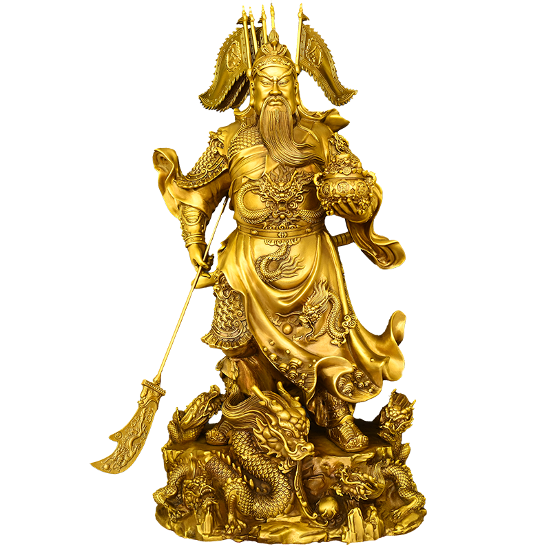 黄铜九龙托宝关公摆件立刀关二爷家用客厅玄关武财神关羽像铜像