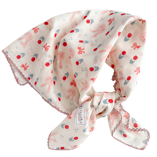 70棉纱小方巾韩版可爱小兔子爱心印花丝巾海边防晒拍照高级感发带